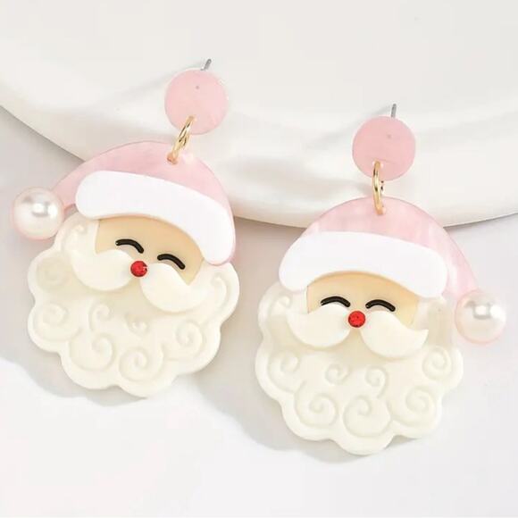 Pink Acrylic Santa Christmas Drop Earrings - Picture 1 of 1